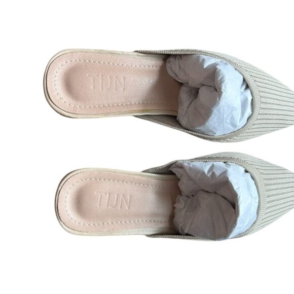 Beige Pointed Toe Knitted Mules With Low Block Heel By TUN - Picture 4 of 6